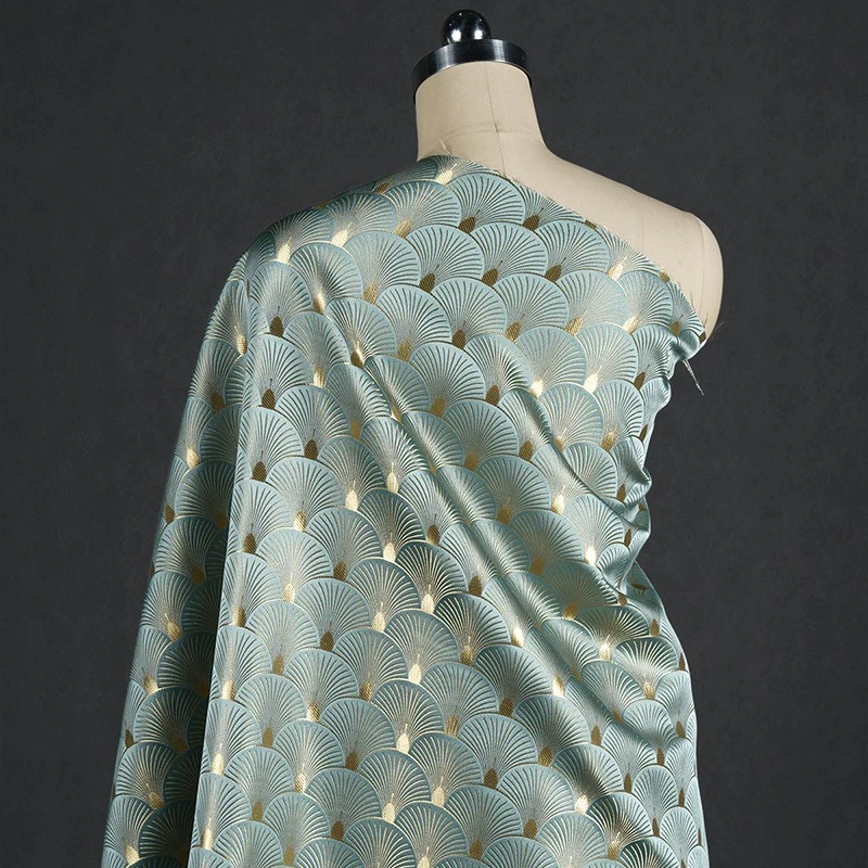 Sewing Fabric - イチョウの葉扇形ジャカードブロケード生地光沢のあるゴールド光沢チャイナドレスジャケットDIY縫製衣料品シアン