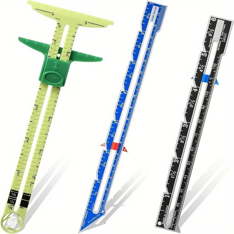 Sewing Gauge Ruler - 5-IN-1縫製用縫い目定規測定ゲージ、パッチワークキルティング仕立て屋定規、サイズ測定補助具、アルミプラスチック製スライドゲージ