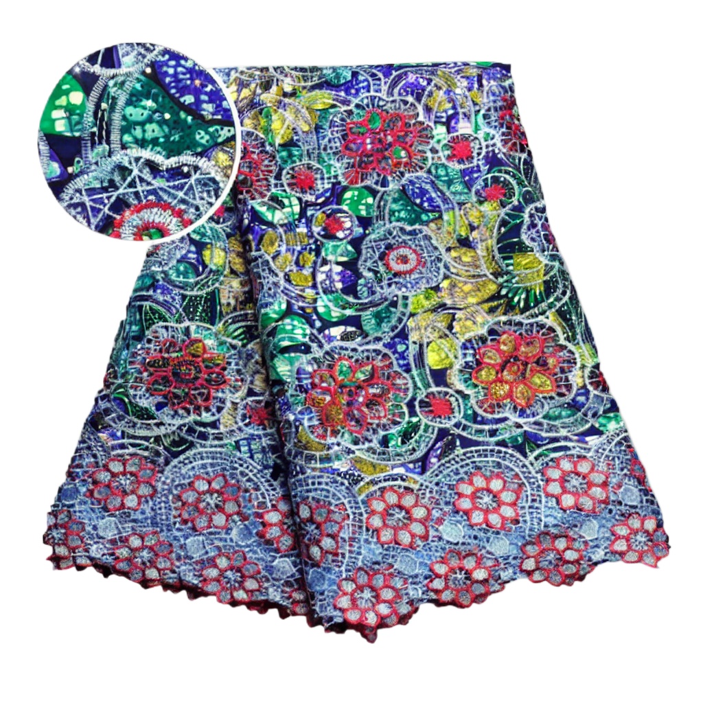 Sewing Batik - 100%コットンアフリカングリッターワックスレース生地 5ヤード 3D刺繍入りソフトファッションコードレース 女性用ドレス刺繍縫製レース