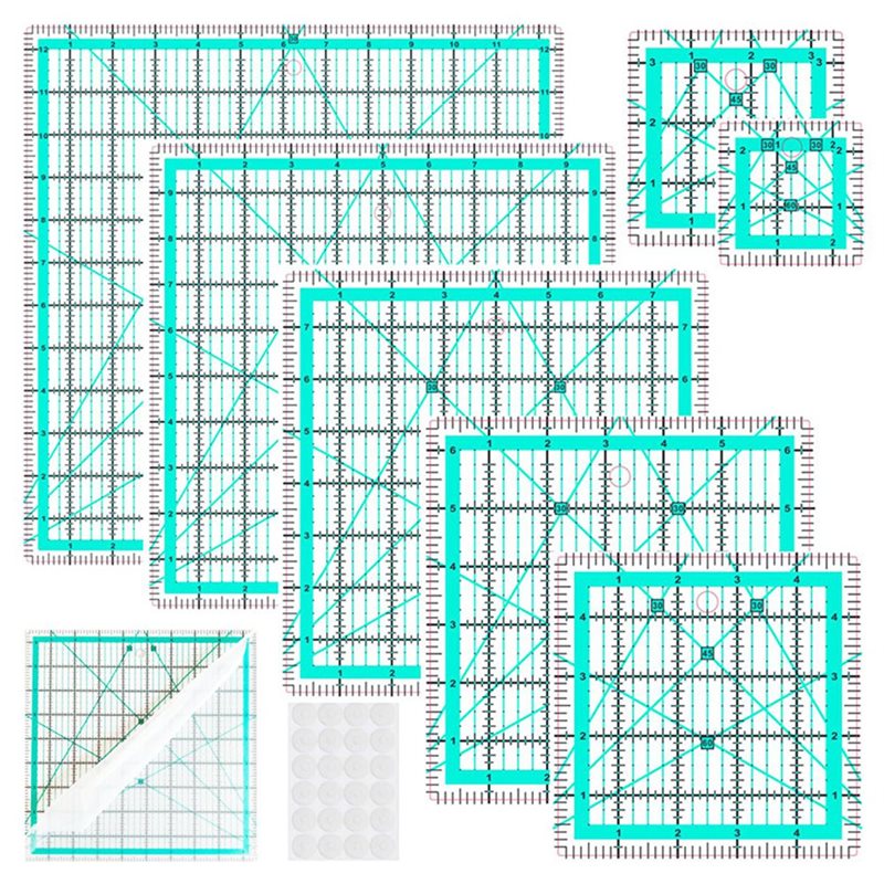 Quilting Ruler Square - A25F-ブルー 7ピース襟用定規、DIY正方形キルティング定規-ブルー、24個の滑り止めパッド付き、衣類仕立て屋用角度定規セット