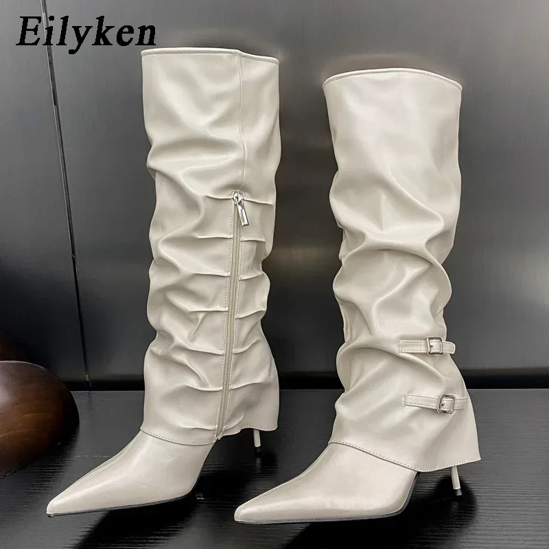 Sewing Zipper - Eilyken ファッションプリーツバックル女性ニーハイブーツポインテッドトゥ薄型ハイヒールジッパー女性の靴秋冬ボタスムジェ