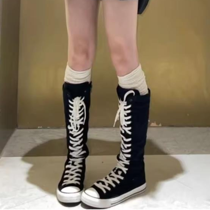 Sewing Zipper - 2026 ブーツ女性スニーカーキャンバスカジュアルハイトップシューズロングブーツレースアップジッパー快適なフラットブーツスニーカー Tenis Feminino
