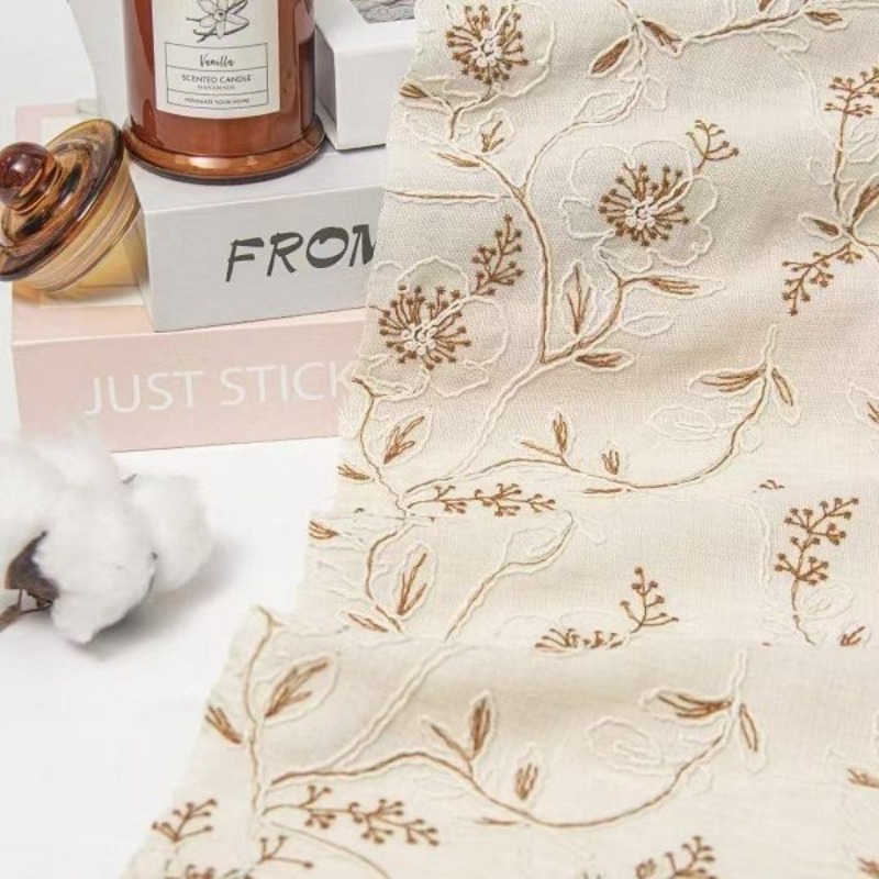 刺繍入りチュールレーストリム生地 リネンコットン ヴィンテー - Sewing Fabric のレビューと価格