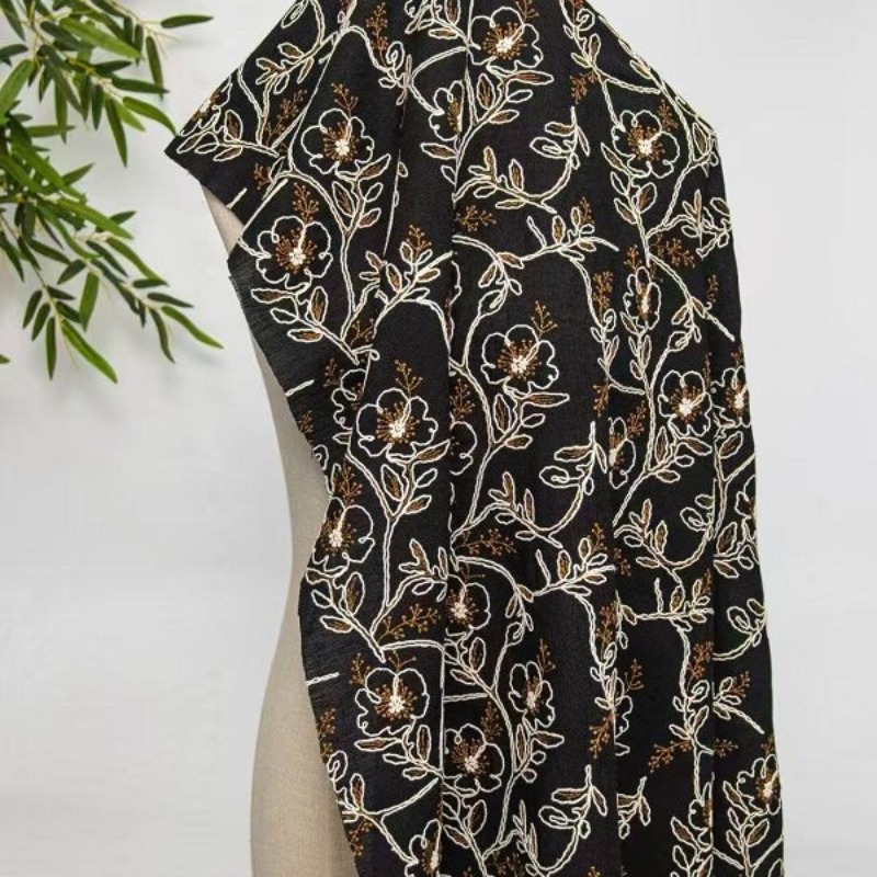 刺繍入りチュールレーストリム生地 リネンコットン ヴィンテー - Sewing Fabric のレビューと価格