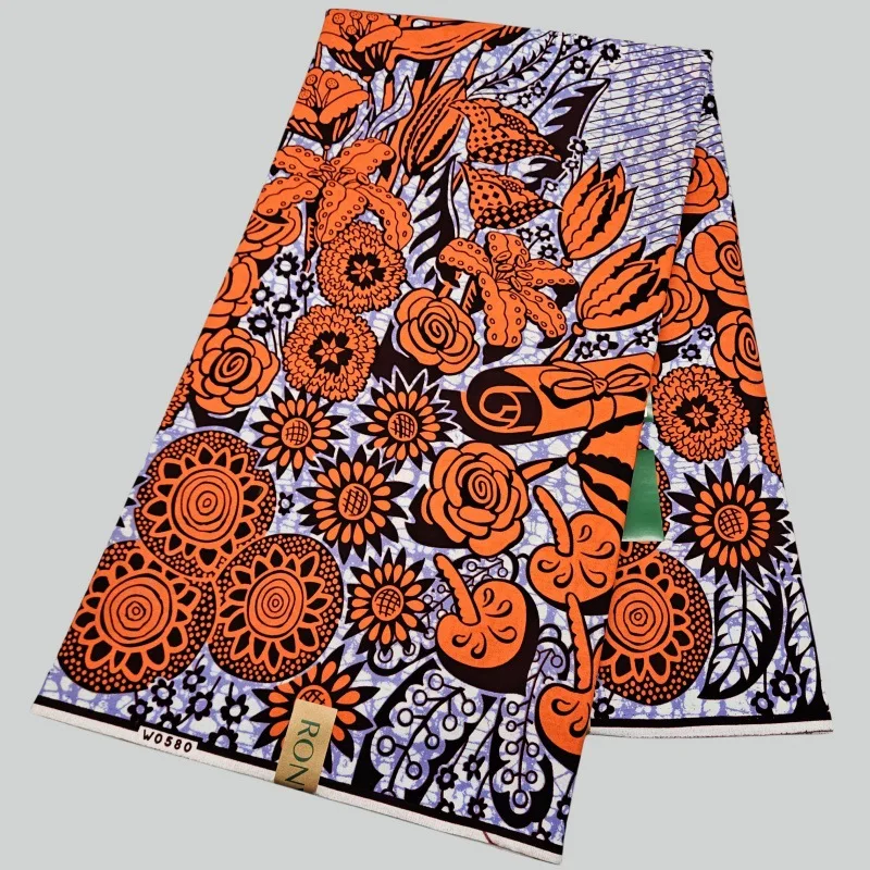 6ヤードの長さの綿アフリカスタイルワックス生地、オレンジの花 - Sewing Batik のレビューと価格