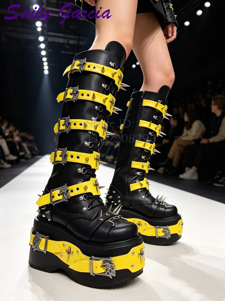 スカルリベットパンクニーハイブーツラウンドトゥパッチワークベ - Sewing Zipper のレビューと価格